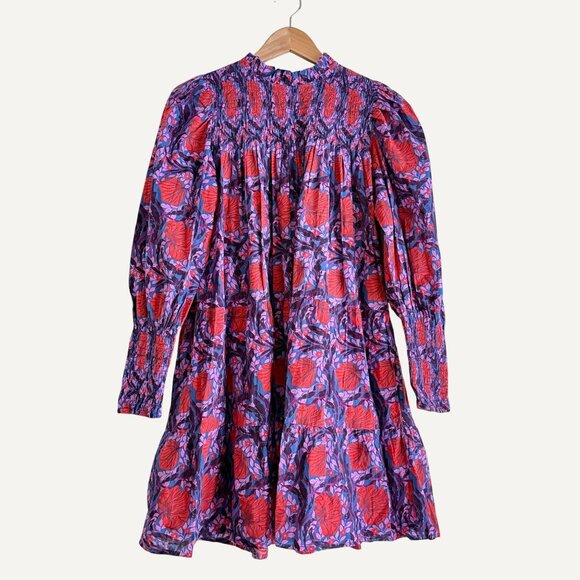 Bindu size XS Floral Smocked Dress Long Puff Sleeves, High Neck Multicolor - Picture 2 of 11